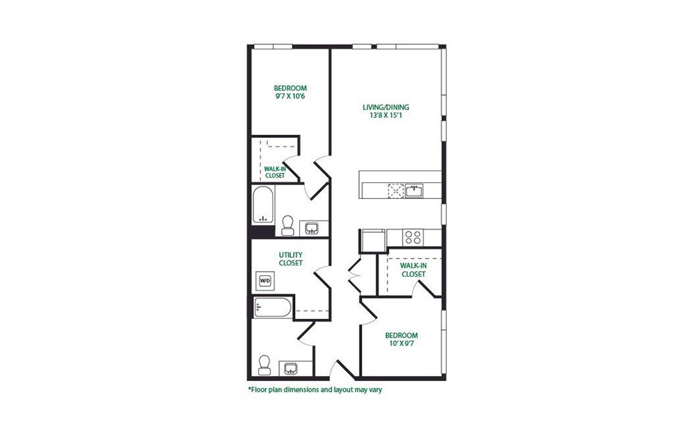 2.14.W - 2 bedroom floorplan layout with 2 baths and 1062 square feet. (Layout 1)