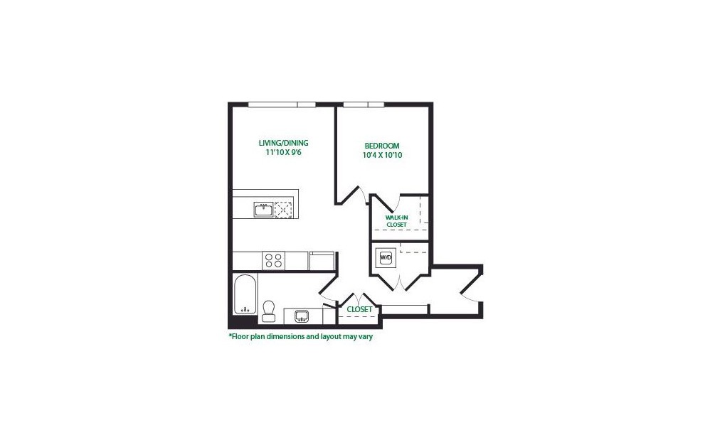 1.27.S - 1 bedroom floorplan layout with 1 bath and 684 square feet.