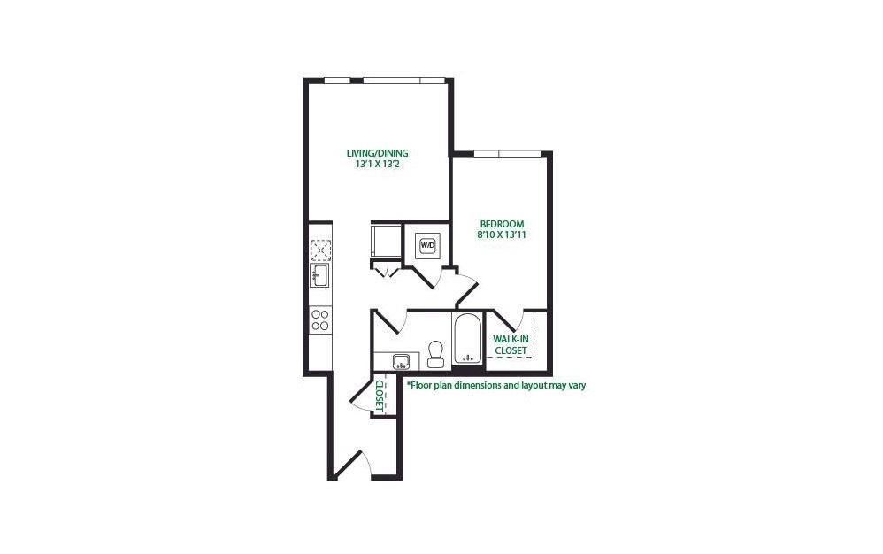 1.6.E - 1 bedroom floorplan layout with 1 bathroom and 657 square feet (No Terrace 
)