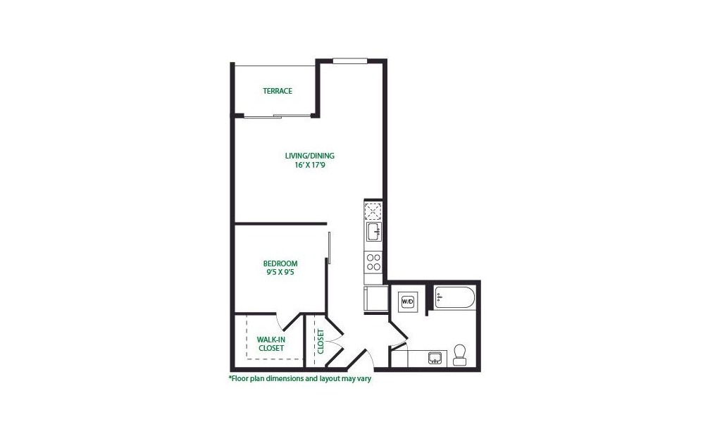 0.12.W - 1 bedroom floorplan layout with 1 bath and 655 square feet.