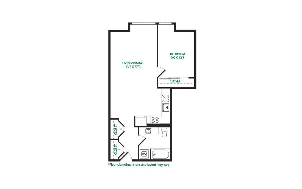 1.1.5 - 1 bedroom floorplan layout with 1 bath and 763 square feet. (Layout 1)