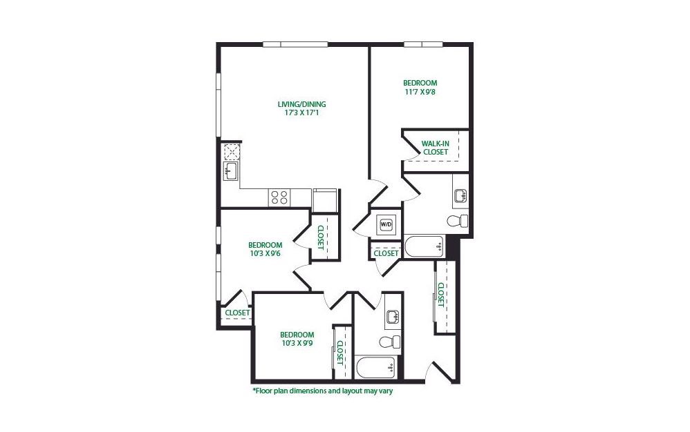 3.2.W - 3 bedroom floorplan layout with 2 baths and 1213 square feet.