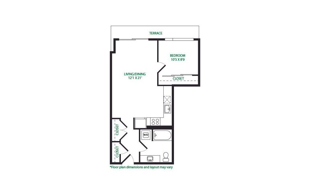 1.1.3 - 1 bedroom floorplan layout with 1 bath and 676 square feet.