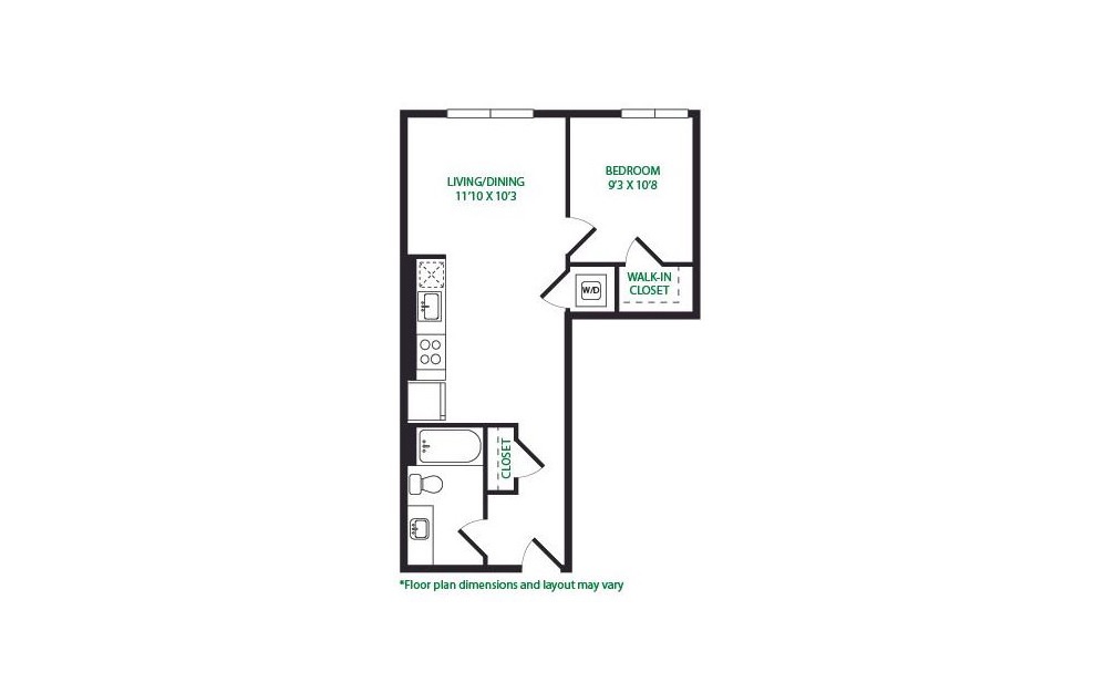 1.13.W - 1 bedroom floorplan layout with 1 bath and 606 square feet. (No Terrace)