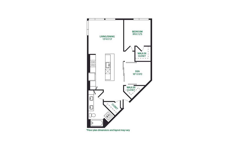 1P.6.W - 1 bedroom floorplan layout with 1 bathroom and 901 square feet