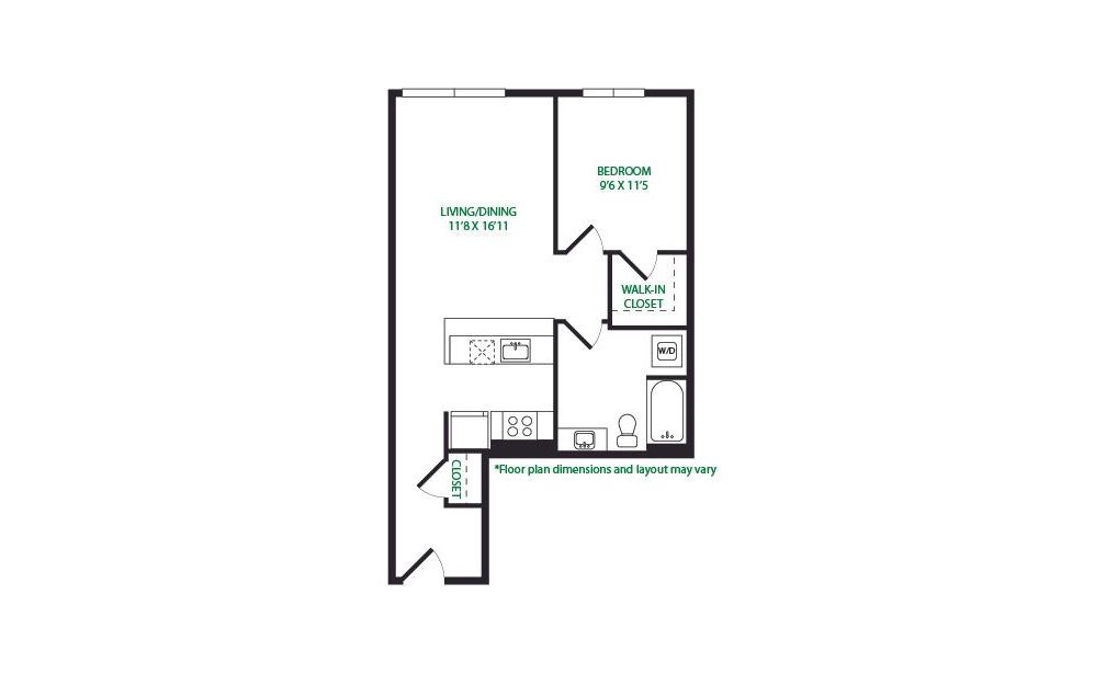 1.7.E - 1 bedroom floorplan layout with 1 bathroom and 691 square feet (No Terrace
)