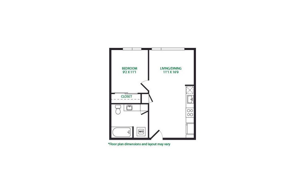 1.25.W - 1 bedroom floorplan layout with 1 bathroom and 531 square feet (No Terrace
)