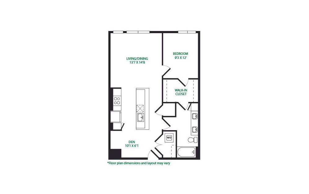 1P.1.W - 1 bedroom floorplan layout with 1 bath and 843 square feet. (No Terrace)