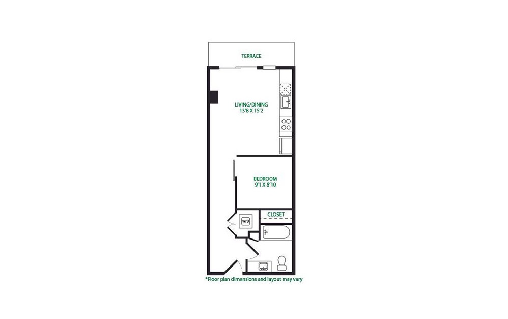 0.18.W - 1 bedroom floorplan layout with 1 bathroom and 509 square feet (Terrace)