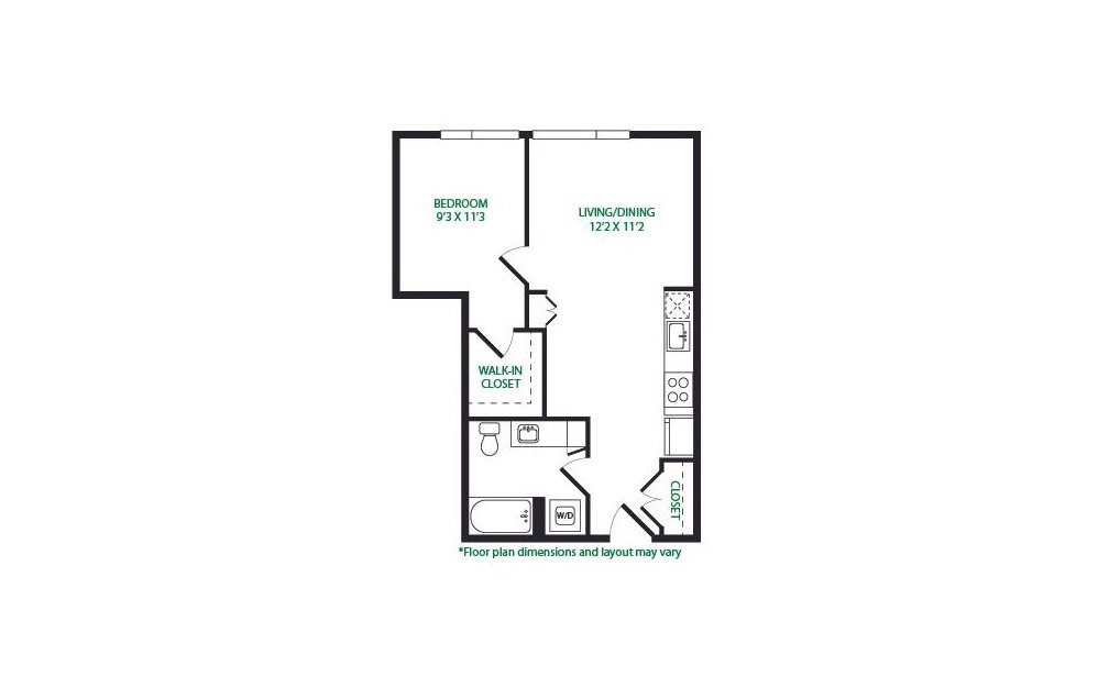 1.28 S - 1 bedroom floorplan layout with 1 bath and 647 square feet. (Layout 1)