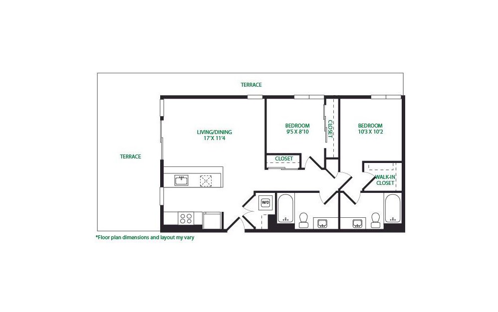2.6.W - 2 bedroom floorplan layout with 2 baths and 943 square feet.
