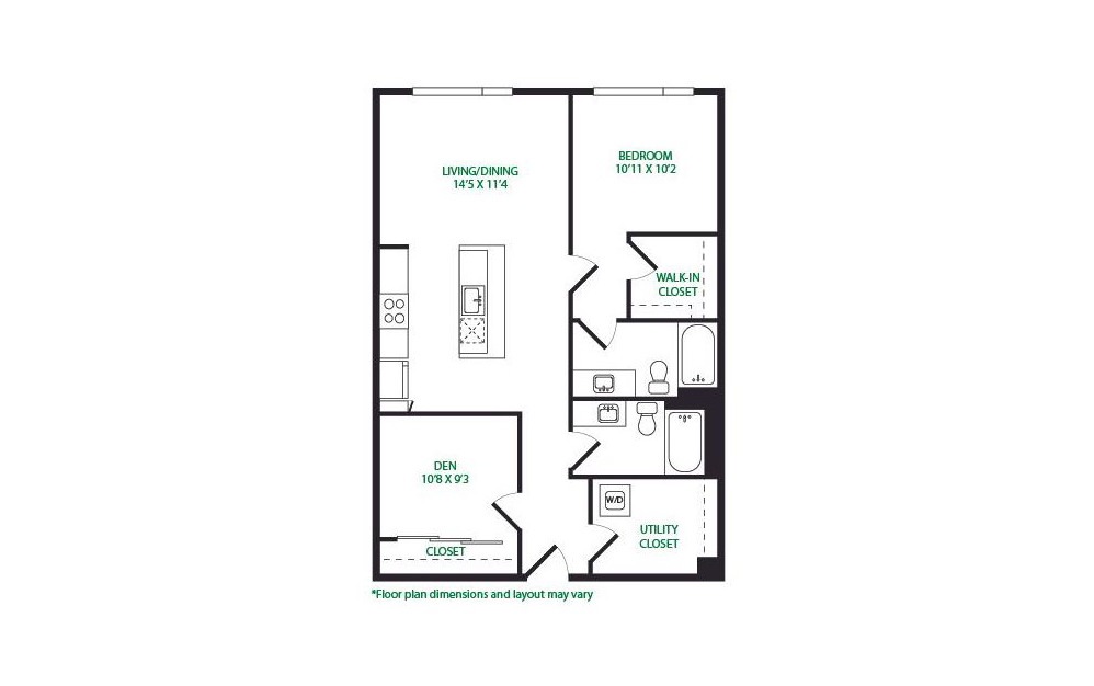 1P.9S - 1 bedroom floorplan layout with 2 bathrooms and 1048 square feet