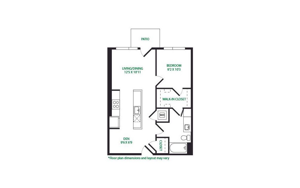 1P.8.S - 1 bedroom floorplan layout with 1 bath and 709 square feet.