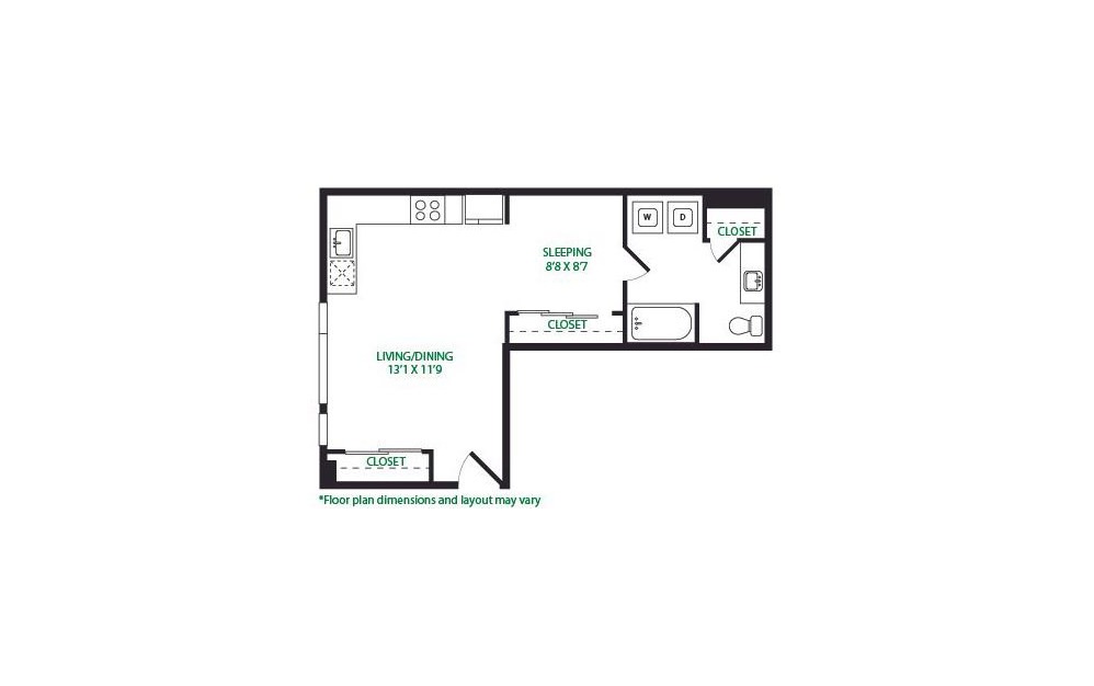 S.3.S - Studio floorplan layout with 1 bath and 570 square feet.