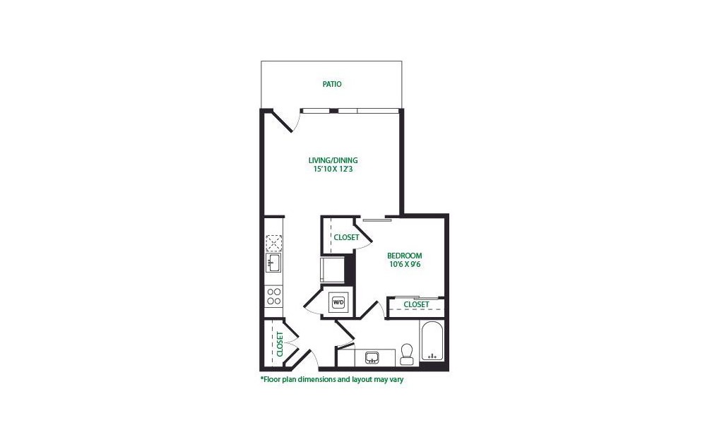 0.20.S - 1 bedroom floorplan layout with 1 bath and 629 square feet.