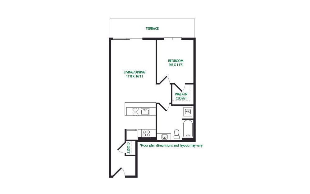 1.7.E - 1 bedroom floorplan layout with 1 bathroom and 691 square feet (Terrace)