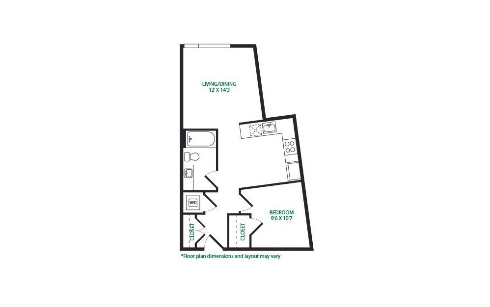 0.17.W - 1 bedroom floorplan layout with 1 bath and 657 square feet.