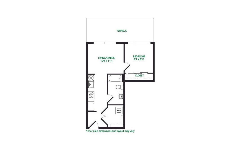 1.18.W - 1 bedroom floorplan layout with 1 bath and 531 square feet.