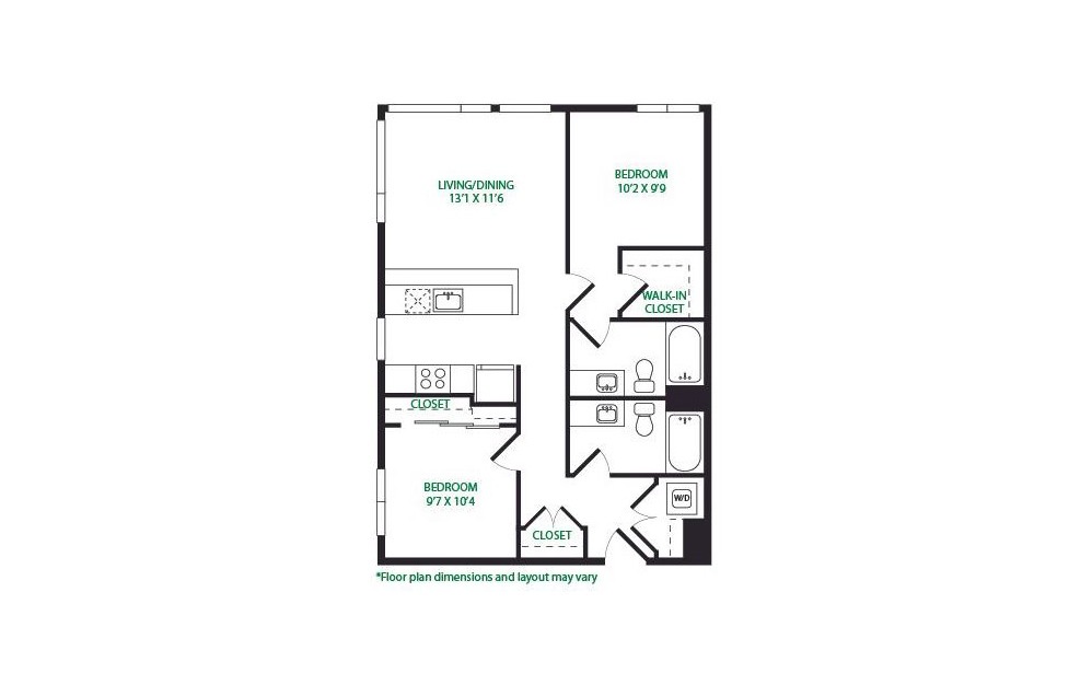 2.2.E - 2 bedroom floorplan layout with 2 bathrooms and 882 square feet