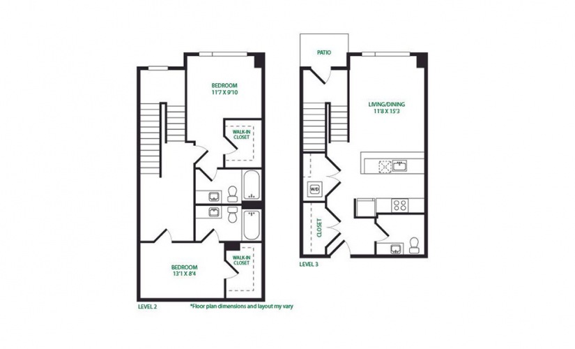 TH1 - 2 bedroom floorplan layout with 2.5 bathrooms and 1304 square feet