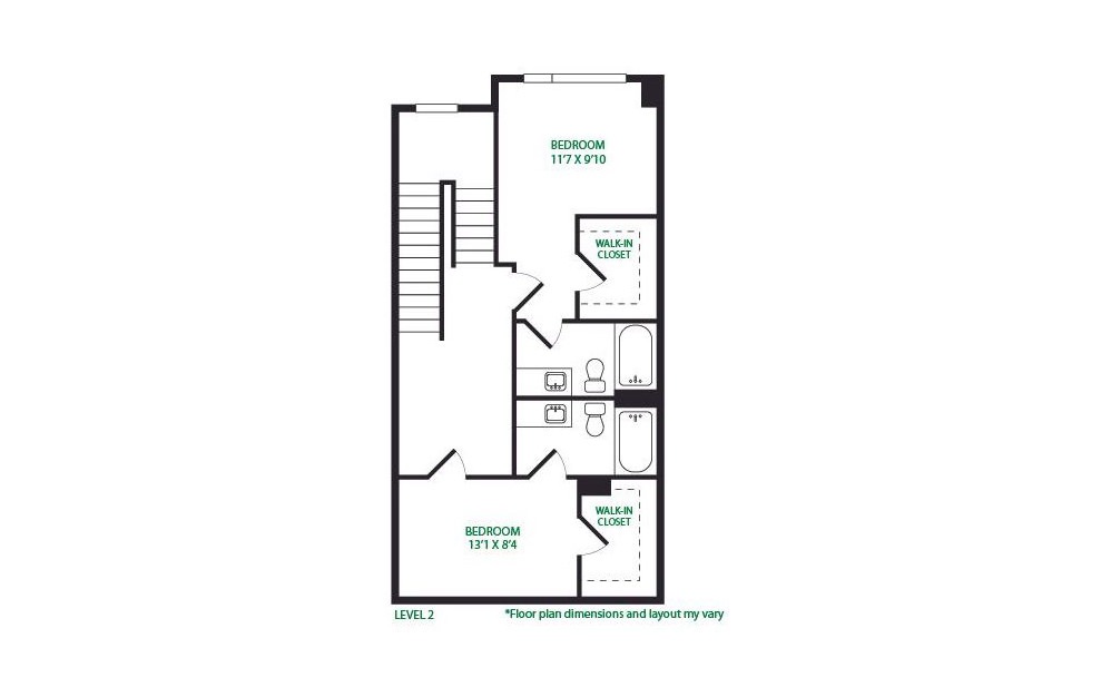 TH1 - 2 bedroom floorplan layout with 2.5 baths and 1304 square feet. (Floor 2)