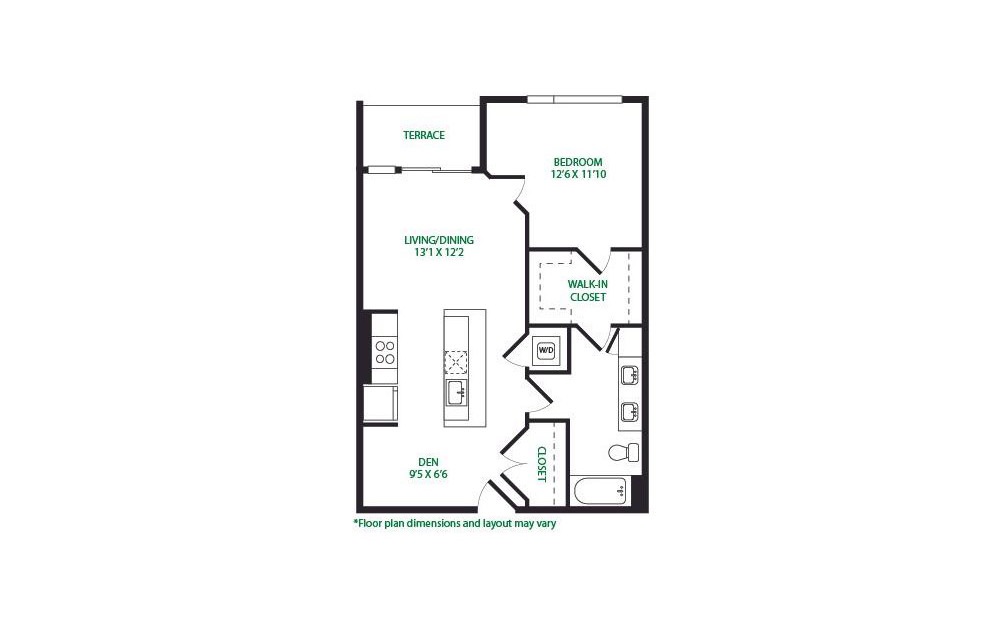 1P.4.W - 1 bedroom floorplan layout with 1 bath and 786 square feet.