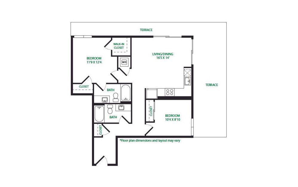 2.1.E - 2 bedroom floorplan layout with 2 baths and 955 square feet. (Terrace)