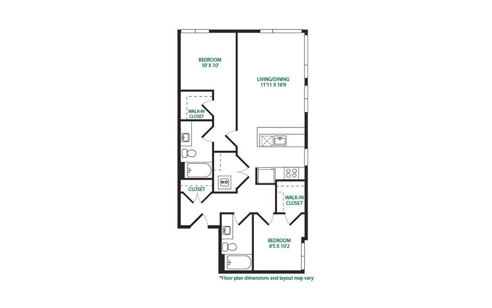 2.3.E - 2 bedroom floorplan layout with 2 bathrooms and 976 square feet