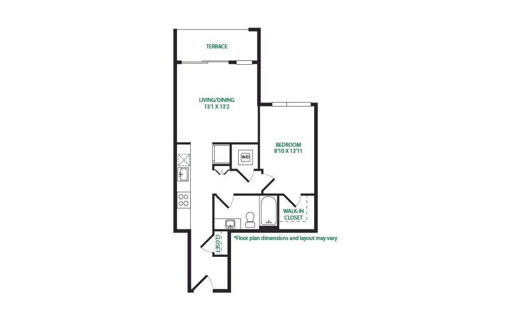 1.6.E - 1 bedroom floorplan layout with 1 bathroom and 657 square feet (Terrace)