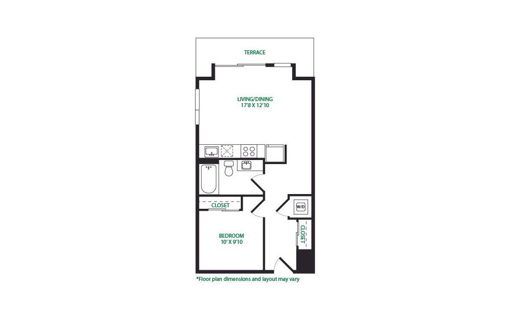 1.21.W - 1 bedroom floorplan layout with 1 bath and 646 square feet. (Terrace)