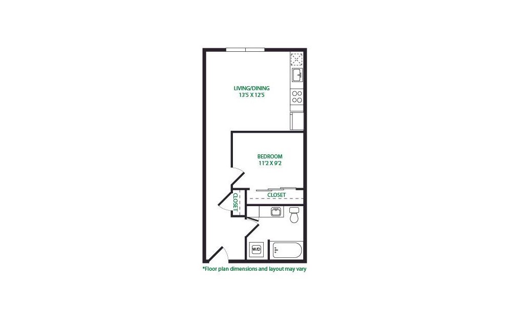 0.8.W - 1 bedroom floorplan layout with 1 bathroom and 589 square feet (No Terrace
)