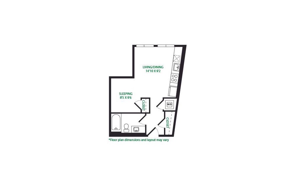 S.1.E - Studio floorplan layout with 1 bathroom and 475 square feet