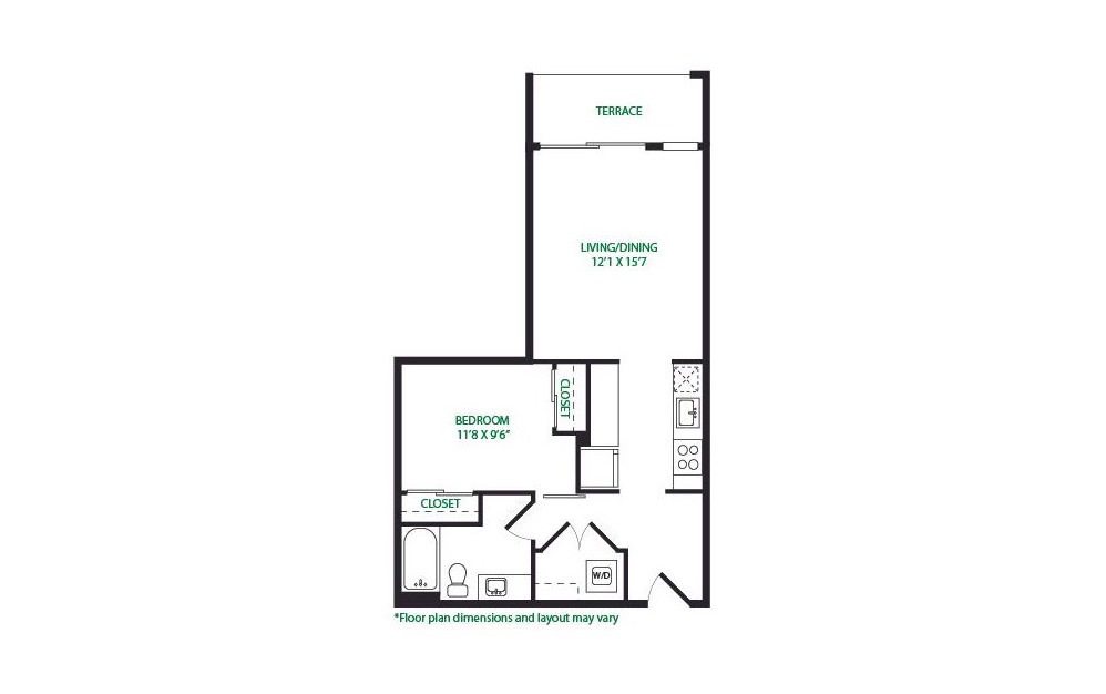 0.7.W - 1 bedroom floorplan layout with 1 bathroom and 652 square feet (Terrace)