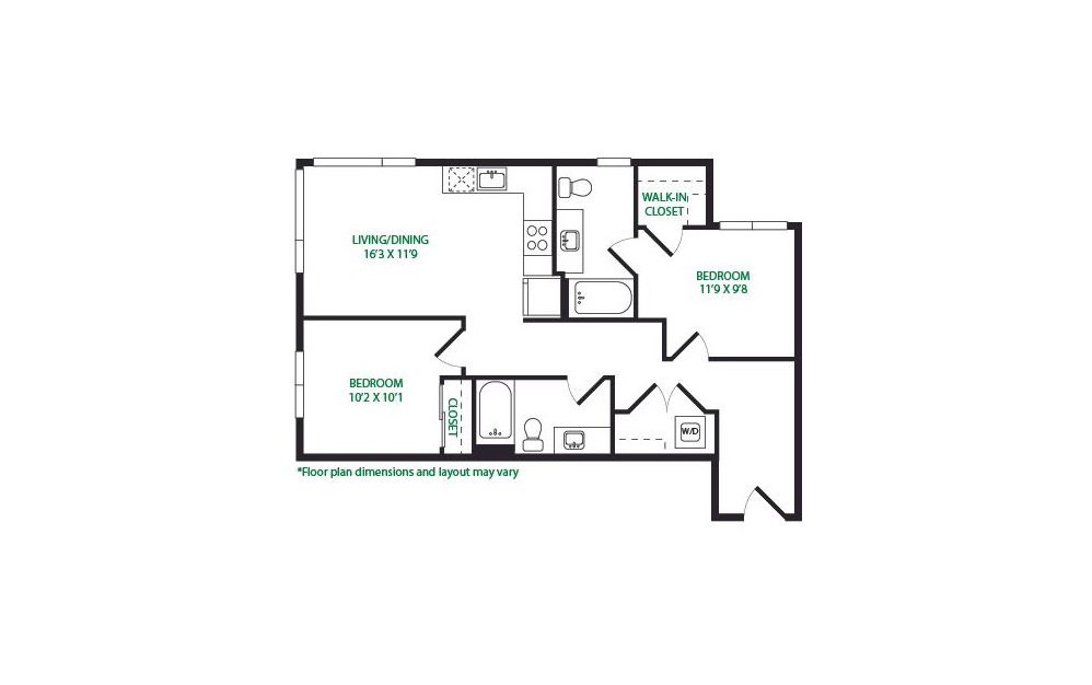 2.5.W - 2 bedroom floorplan layout with 2 baths and 883 square feet.