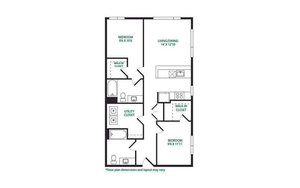 2.14.W - 2 bedroom floorplan layout with 2 baths and 1062 square feet. (Layout 2)