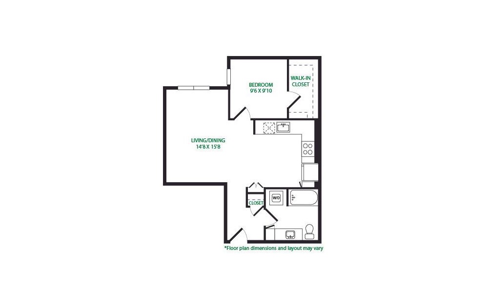 1.14.W - 1 bedroom floorplan layout with 1 bathroom and 705 square feet (No Terrace
)