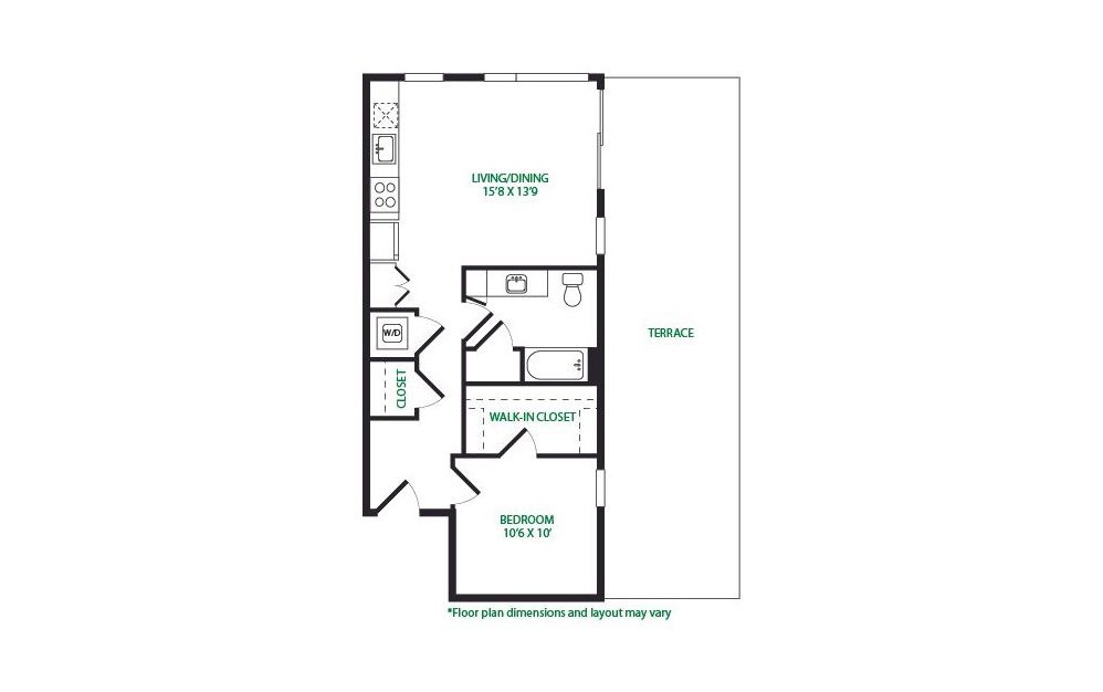 1.16.W - 1 bedroom floorplan layout with 1 bath and 676 square feet.