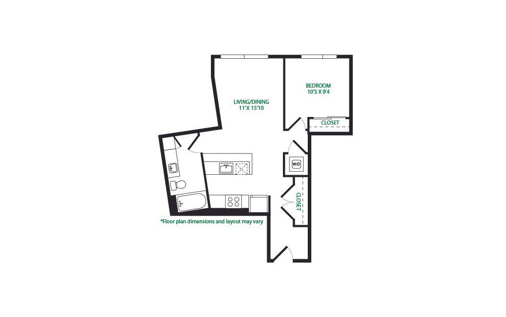 1.11.E - 1 bedroom floorplan layout with 1 bathroom and 674 square feet (No Terrace
)