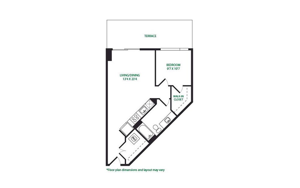 1.20.W - 1 bedroom floorplan layout with 1 bath and 684 square feet.