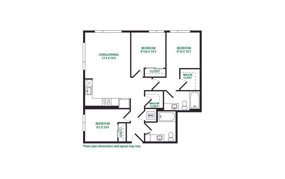 3.3.W - 3 bedroom floorplan layout with 2 bathrooms and 1100 square feet