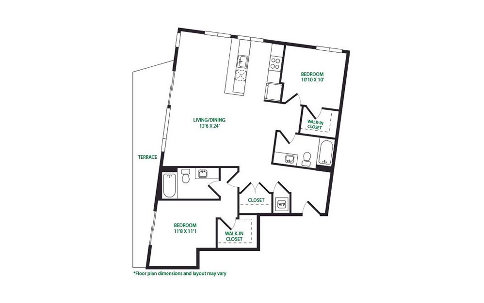 2.11.W - 2 bedroom floorplan layout with 2 baths and 1180 square feet.