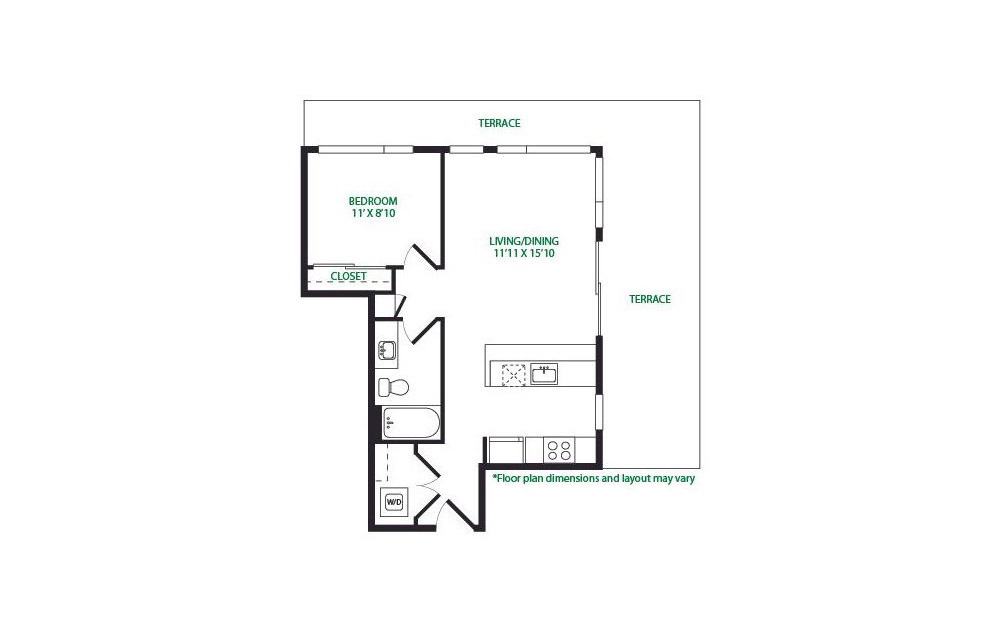 1.10.E - 1 bedroom floorplan layout with 1 bath and 650 square feet.