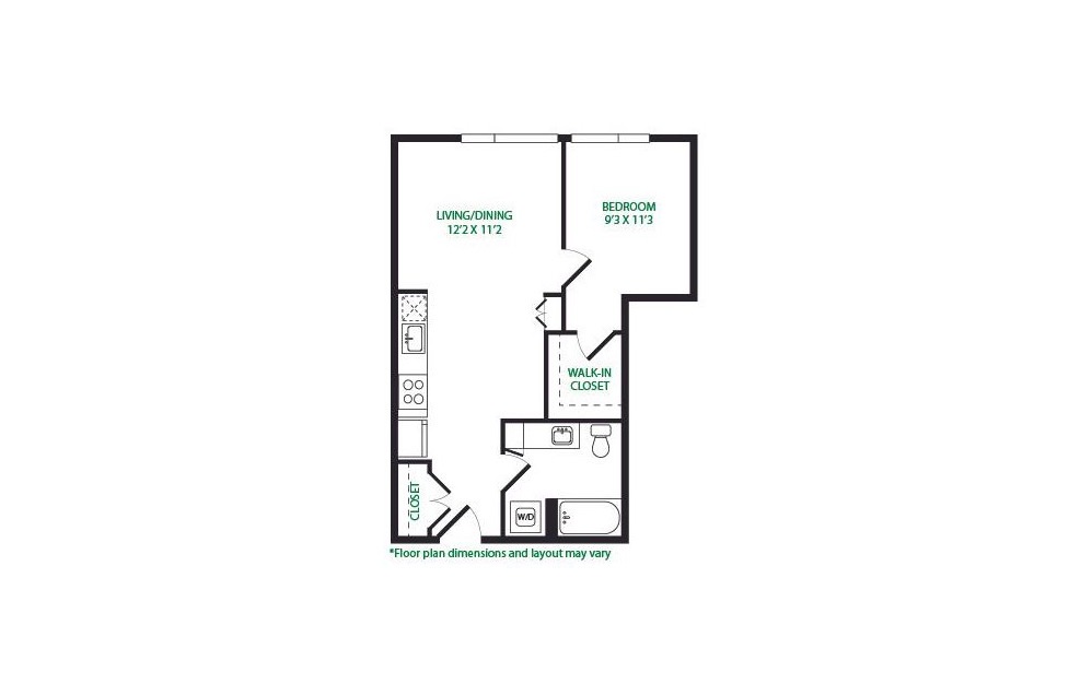 1.28 S - 1 bedroom floorplan layout with 1 bath and 647 square feet. (Layout 2)