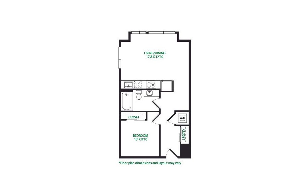 1.21.W - 1 bedroom floorplan layout with 1 bath and 646 square feet. (No Terrace)
