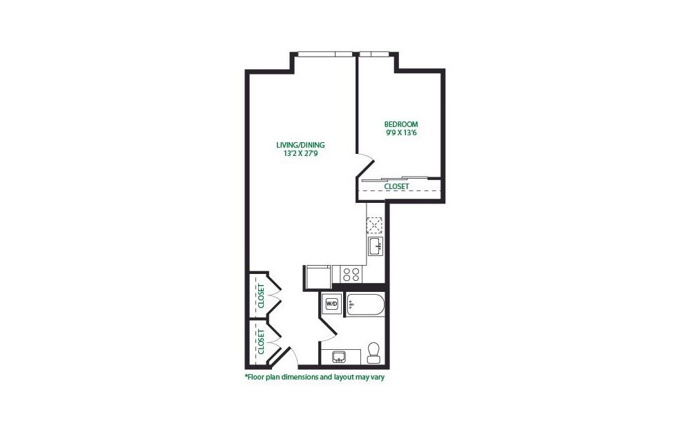 1.1.5 - 1 bedroom floorplan layout with 1 bath and 763 square feet. (Layout 2)