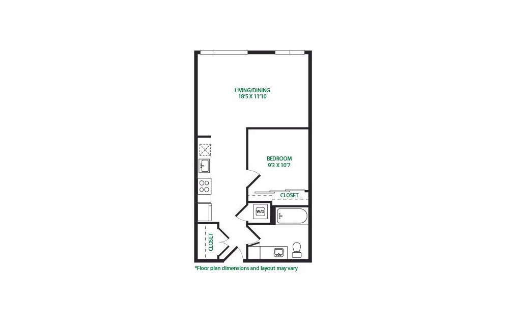 0.3.E - 1 bedroom floorplan layout with 1 bath and 646 square feet. (No Terrace)