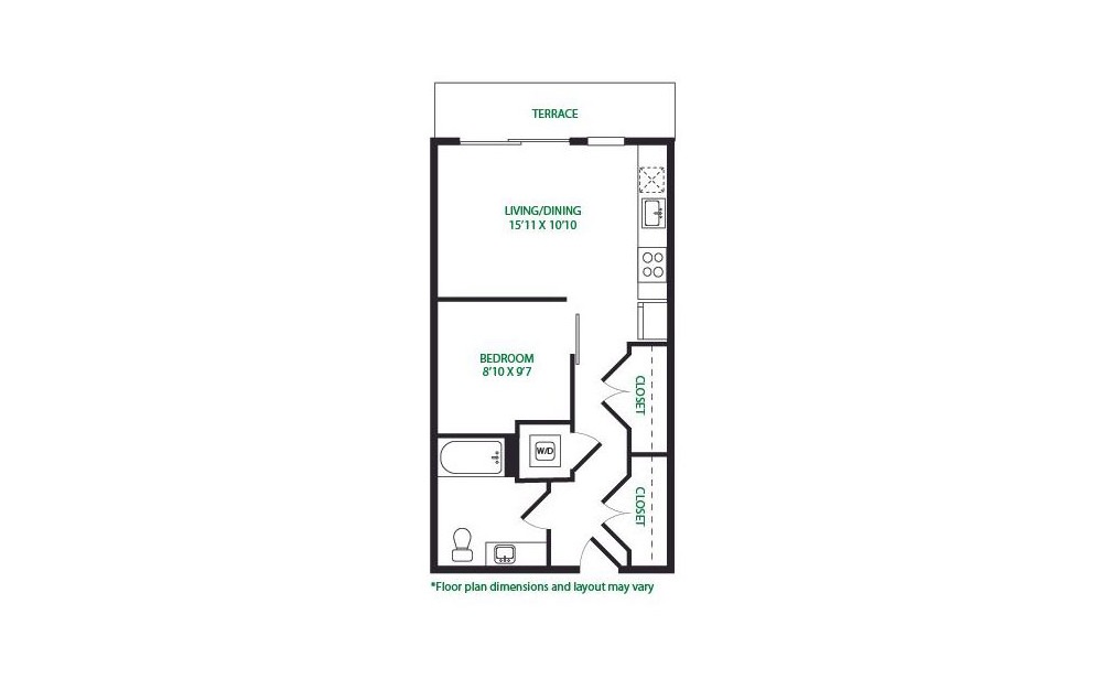 0.11.W - 1 bedroom floorplan layout with 1 bath and 530 square feet.