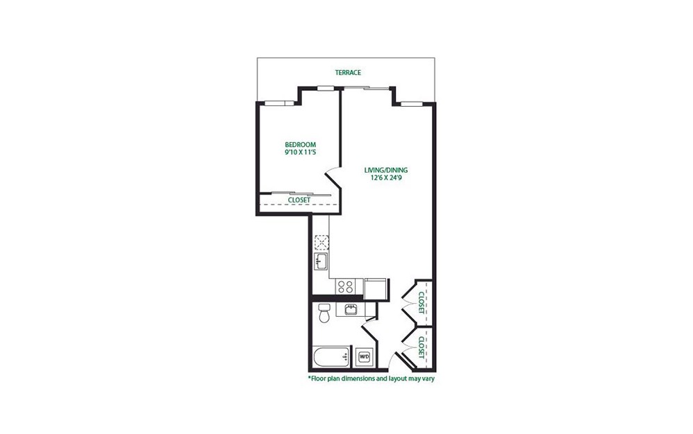 1.1.4 - 1 bedroom floorplan layout with 1 bath and 767 square feet. (Terrace)