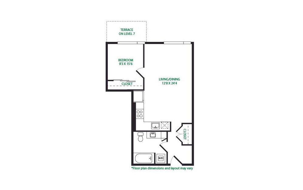 1.3.E - 1 bedroom floorplan layout with 1 bathroom and 710 square feet