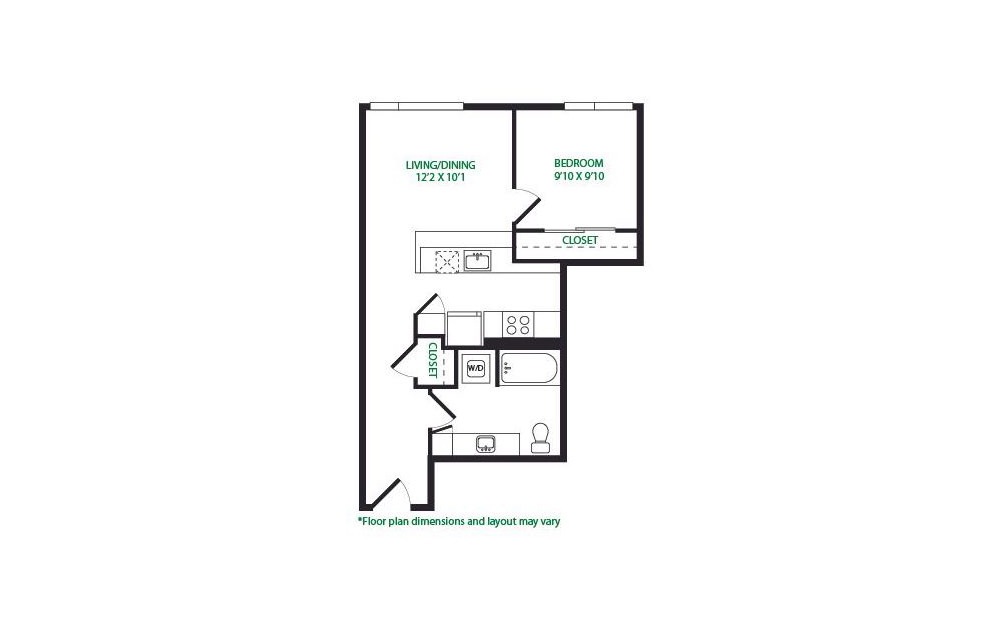 1.4.E - 1 bedroom floorplan layout with 1 bath and 643 square feet.